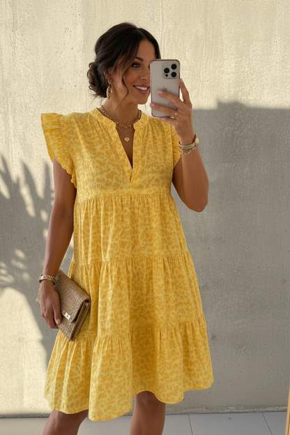 woman wearing yellow leopard smock dress in sunny climate taking a selfie 