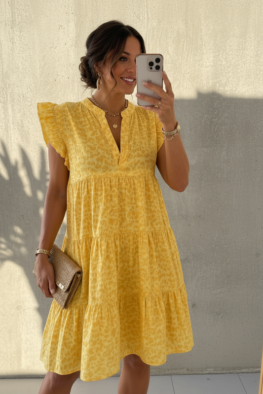 woman wearing yellow leopard smock dress in sunny climate taking a selfie 